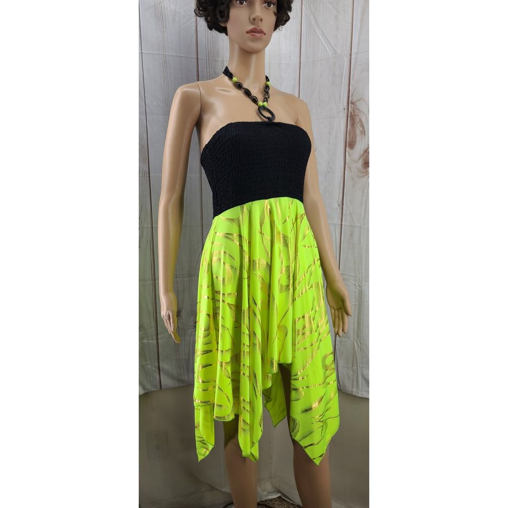 Shoreline Black Tube Top Neon Yellow Handkerchief Dress Beaded Tie Halter (0-10)